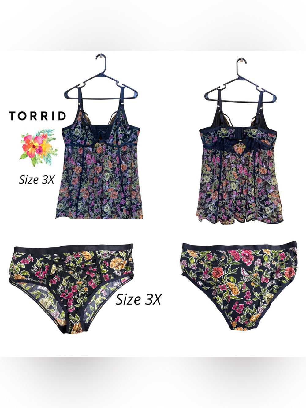 Sexy Torrid 3X Floral Mesh Babydoll Chemise & Panty Set Boho Whimsigoth Lingerie